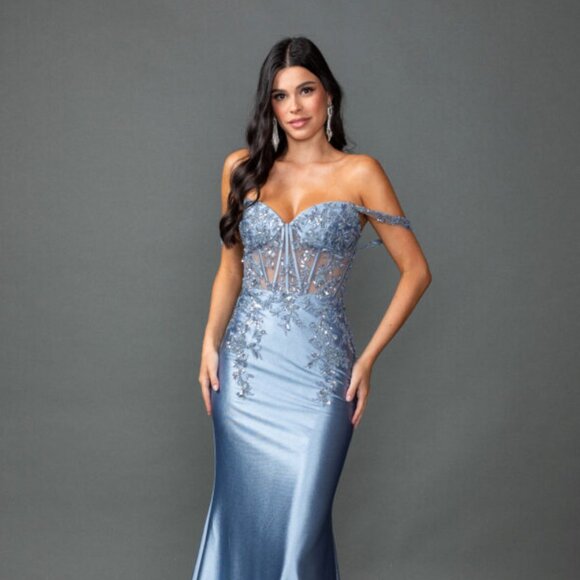 New Off Shoulder Maxi Prom Gown w/ Floral Lace Over Sheer Boned Bodice DQ 4540 - Picture 1 of 8